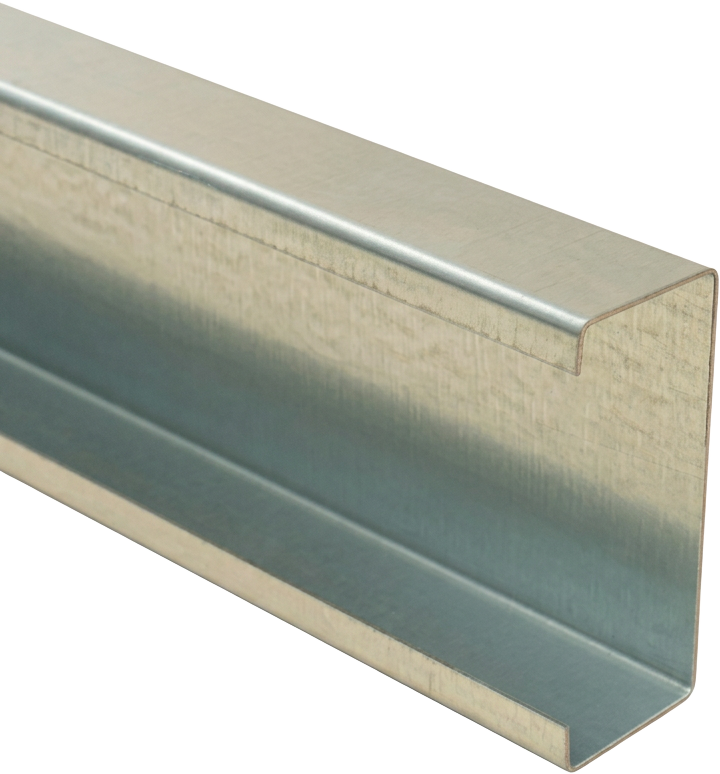 Galvanised steel C-section purlin with a flat web and inward return lips