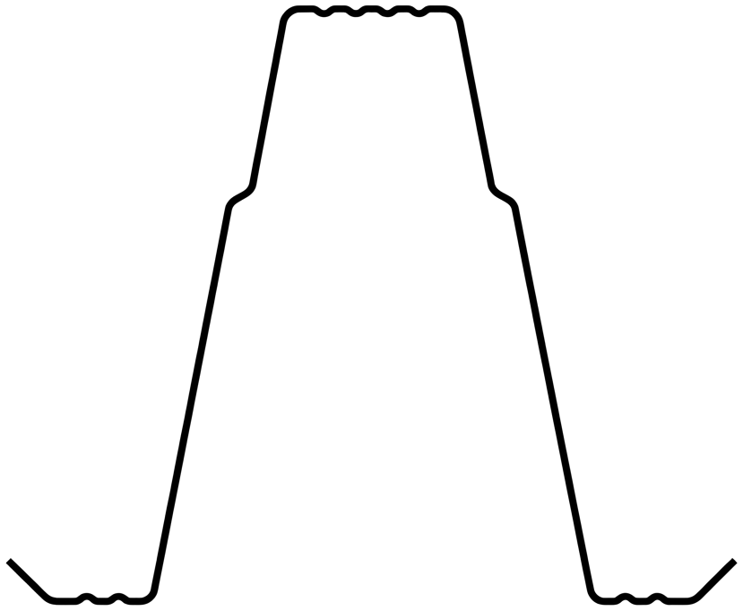 Cross-section outline of a top hat steel profile, showing the flat ribbed crown, tapered webs and splayed fixing feet