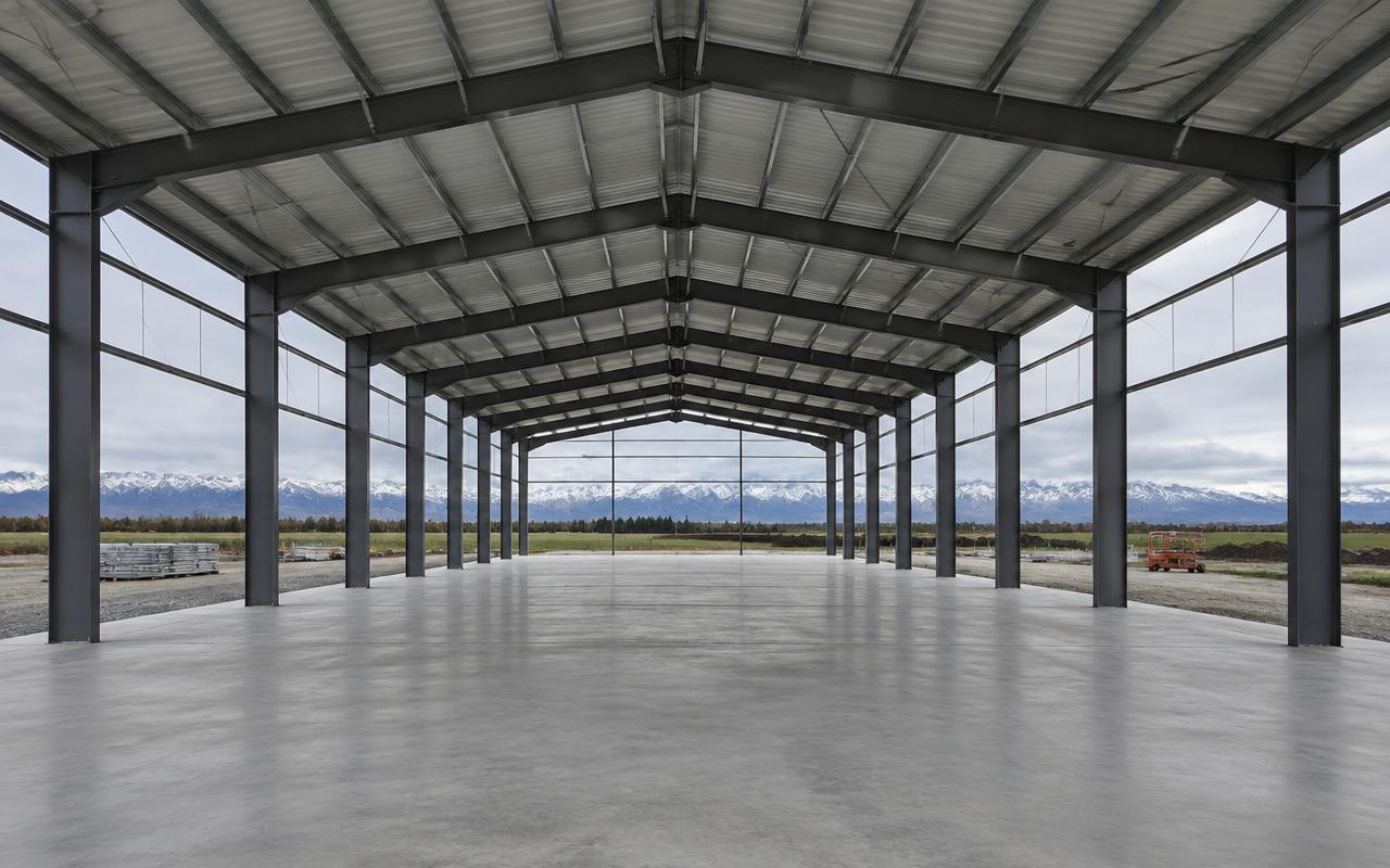 Large building framed with heavy hot-rolled structural steel portal frames
